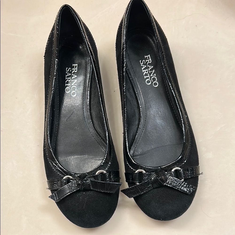Franco Sarto Black Leather Flats with Decorative Accents